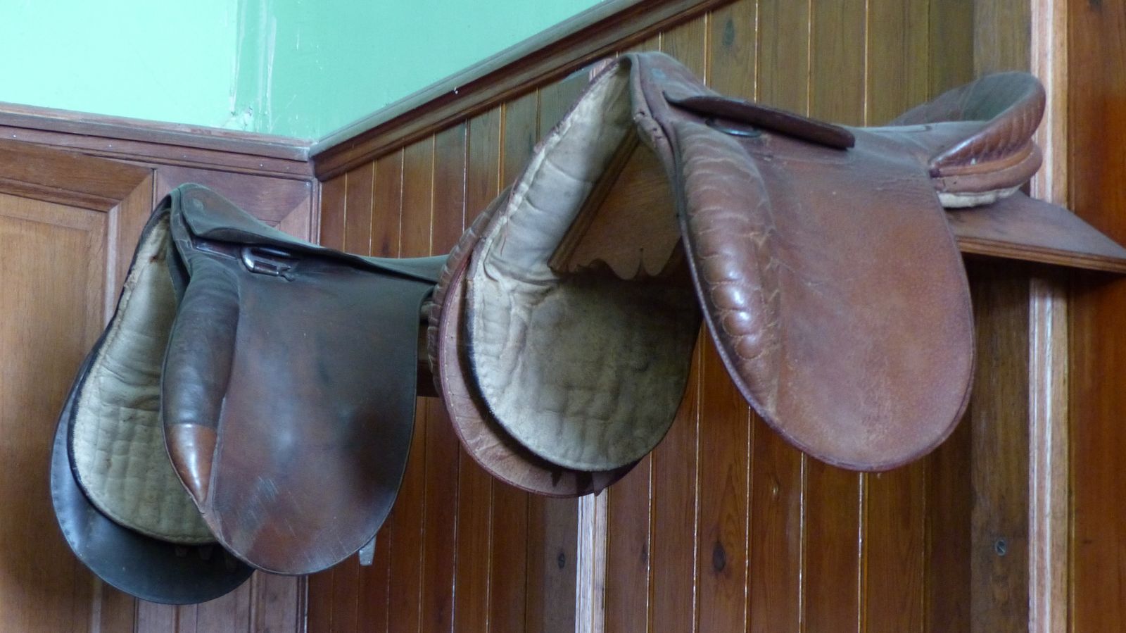 Saddles resting on wooden racks in a tack room